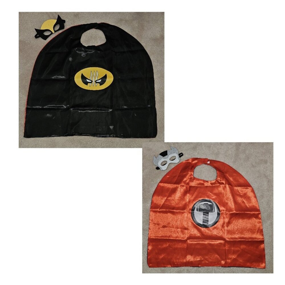 Handmade Super Hero Costume Lot 1 Reversible Cape 2 Masks Thor Hammer Wolverine